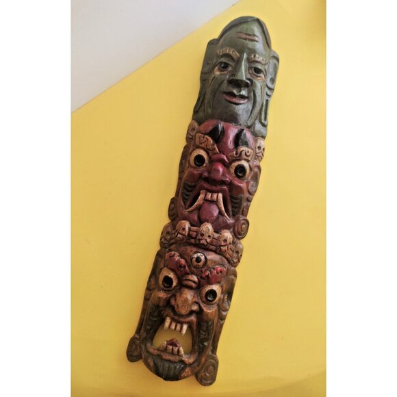 Vintage Nepalese Mahakala Wood Carving 19" x 5" Tibetan Totem Pole - Picture 1 of 14